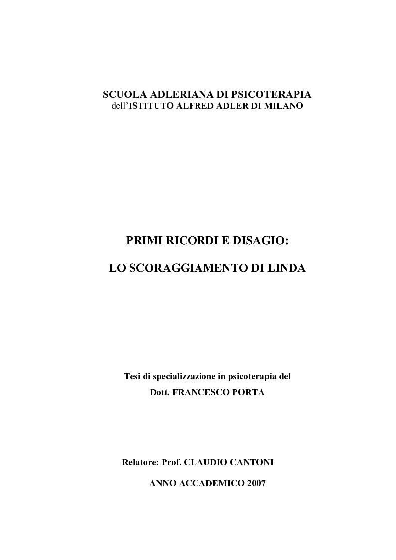 Anteprima della tesi: Primi ricordi e attacchi di panico: il caso di Linda, Pagina 1