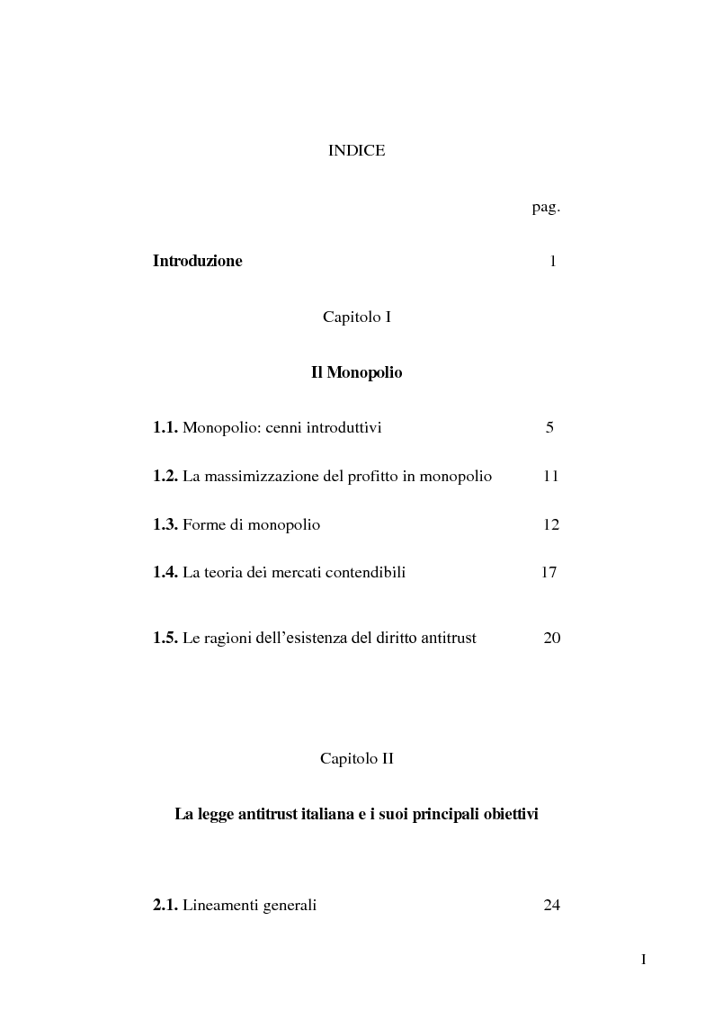 Indice della tesi: La politica della concorrenza nell'esperienza italiana, Pagina 1