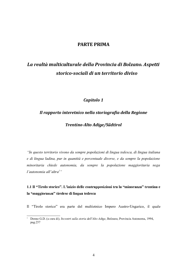Anteprima della tesi: Analisi storico-pedagogica del multiculturalismo nella Provincia autonoma di Bolzano-Alto Adige/Suedtirol, Pagina 4