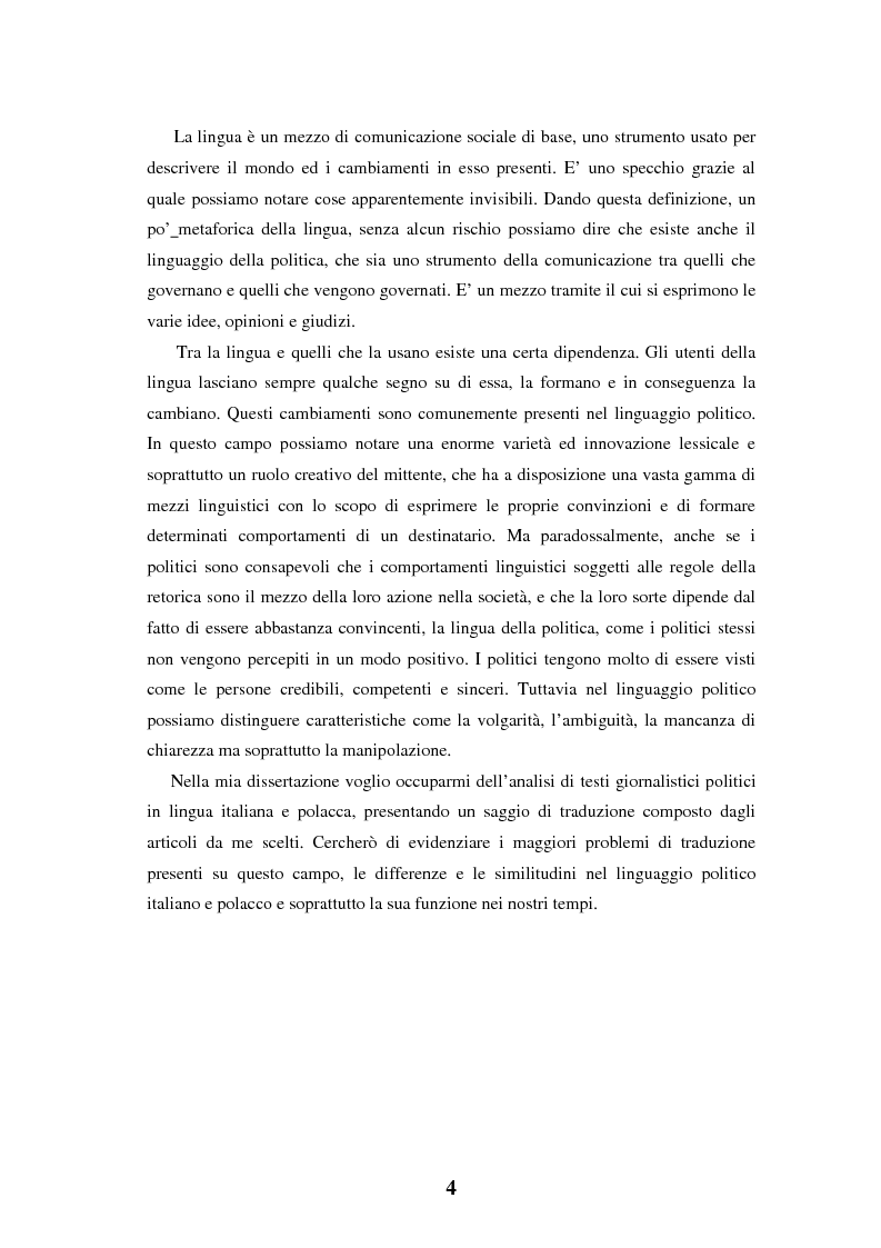 Anteprima della tesi: Analisi stilistico-lessicale di testi giornalistici politici polacchi ed italiani. Saggio di traduzione., Pagina 2