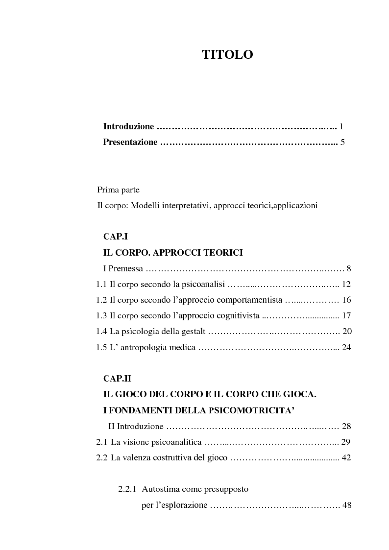 Indice della tesi: Il gioco del corpo. Movimento come espressione ed esperienza di sé, Pagina 1