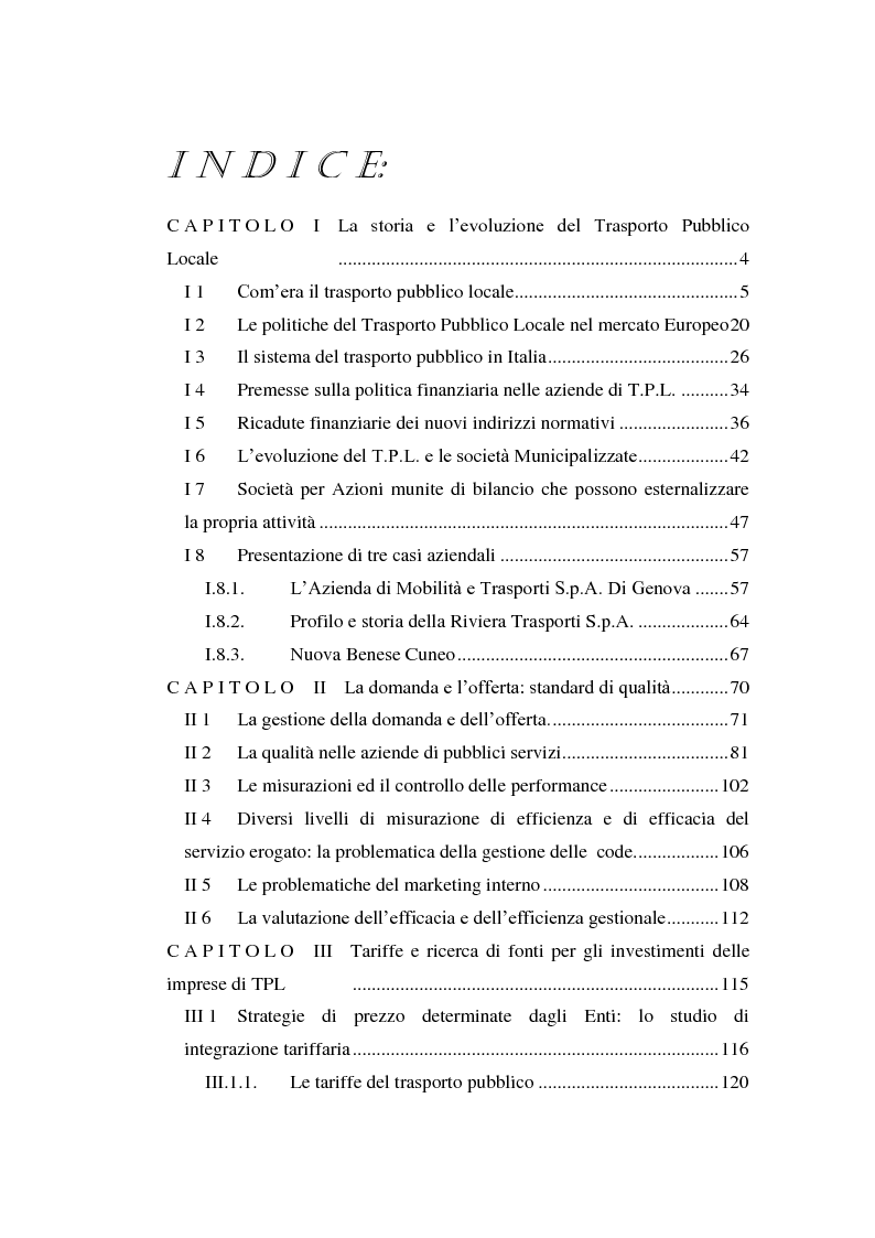Indice della tesi: Le imprese di pubblici trasporti locali - Problematiche di finanziamento dello sviluppo, Pagina 1