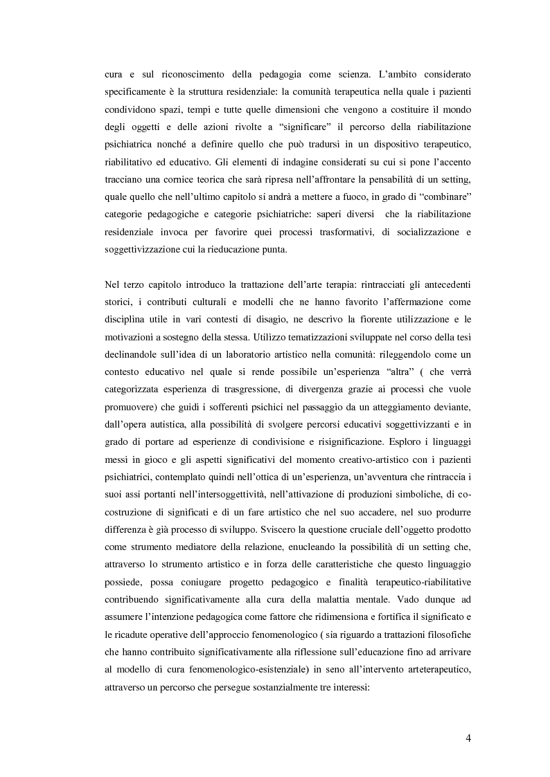 Anteprima della tesi: I colori di un incontro: la dimensione pedagogica dell'esperienza arte-terapeutica nel trattamento psichiatrico residenziale, Pagina 4