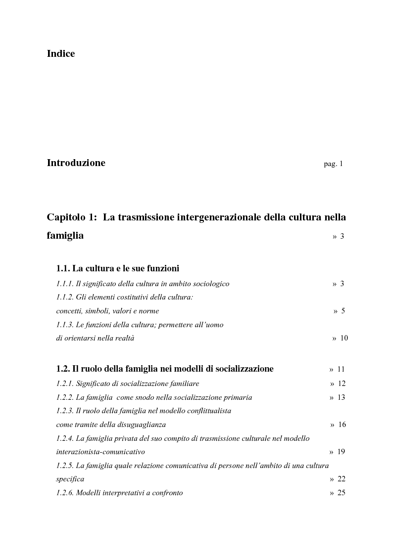 Indice della tesi: La mediazione delle differenze culturali e la trasmissione del patrimonio generazionale nelle famiglie miste, Pagina 1
