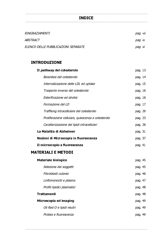 Indice della tesi: Dati preliminari sulle alterazioni del colesterolo intracellulare nella malattia Alzheimer mediante metodi di imaging, Pagina 1