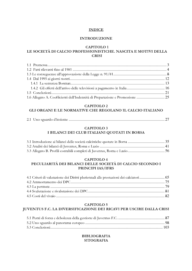 Indice della tesi: Il bilancio di esercizio delle società calcistiche quotate in borsa, Pagina 1