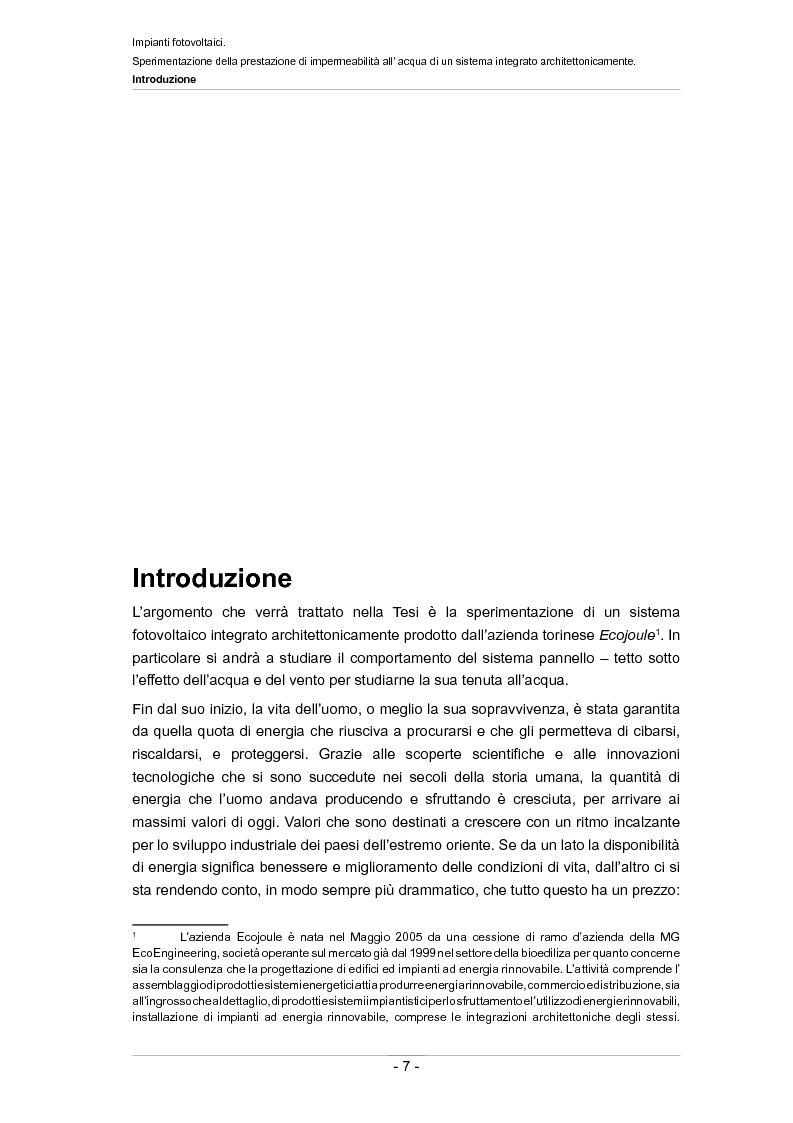 Anteprima della tesi: Impianti fotovoltaici. Sperimentazione della prestazione di impermeabilità all'acqua di un sistema integrato architettonicamente, Pagina 2