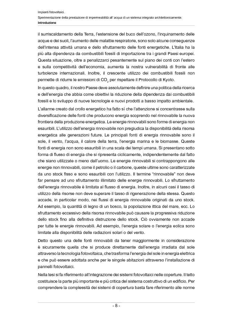 Anteprima della tesi: Impianti fotovoltaici. Sperimentazione della prestazione di impermeabilità all'acqua di un sistema integrato architettonicamente, Pagina 3