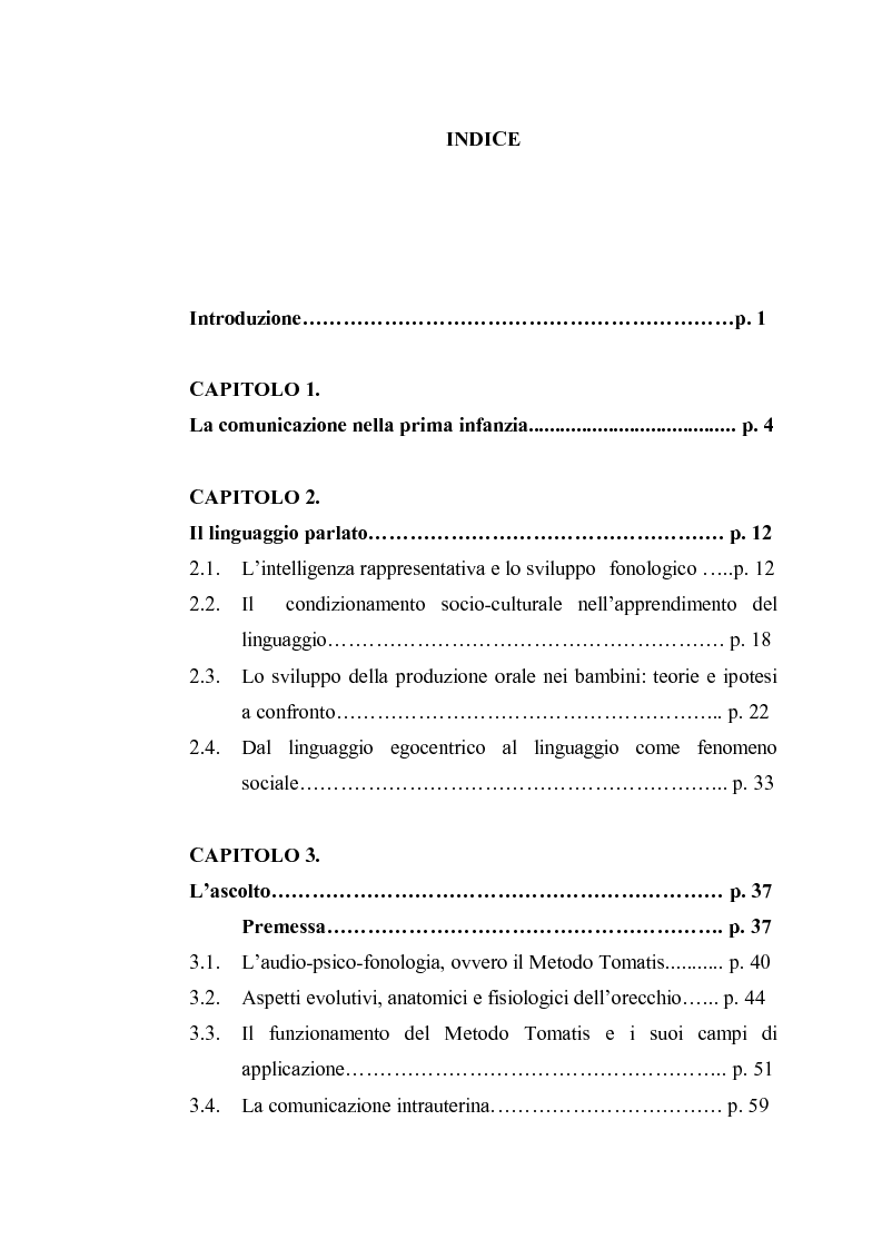 Indice della tesi: ''Essi non ascoltano. Hanno le orecchie e sono sordi... Sentono e non ascoltano...''. Lo sviluppo delle capacità d'ascolto nella scuola dell'infanzia, Pagina 1