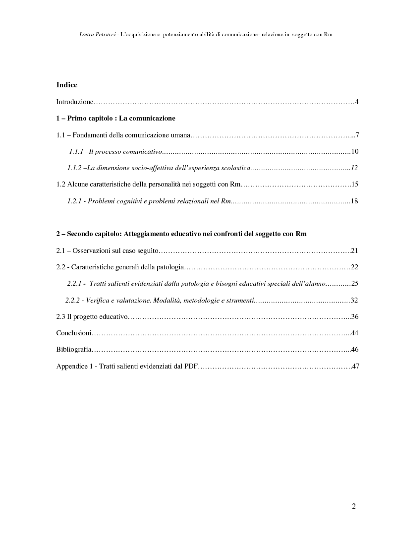 Indice della tesi: L’acquisizione e il potenziamento delle abilità di comunicazione-relazione in un soggetto con Rm, Pagina 1