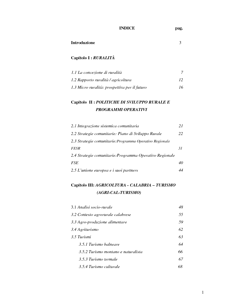 Indice della tesi: Agri-Cal-Turismo, Pagina 1