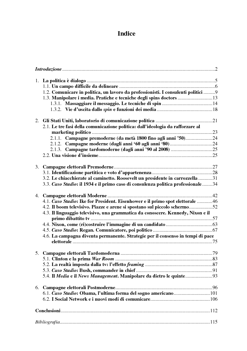 Indice della tesi: La comunicazione politica negli USA, il ruolo degli Spin Doctors, Pagina 1