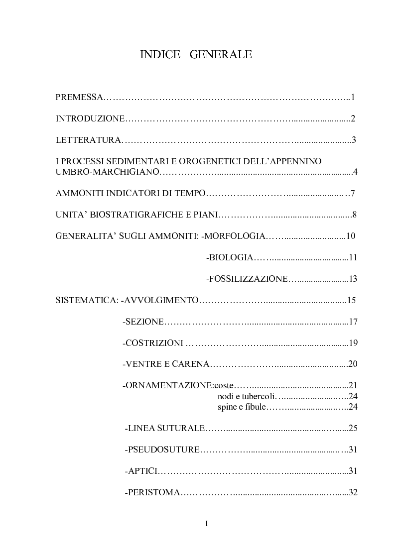 Indice della tesi: Gli ammoniti (Mollusca Cephalopoda) dell'appennino umbro-marchigiano della Collezione Bonucci, Pagina 1