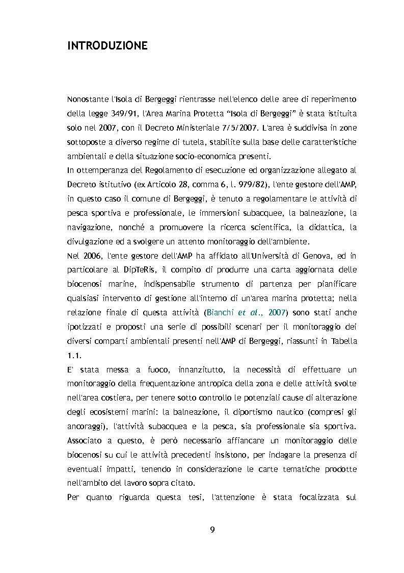 Anteprima della tesi: Il monitoraggio dell'Area Marina Protetta ''Isola di Bergeggi'': Point Intercept Transect e Quadrati visuali a confronto, Pagina 5