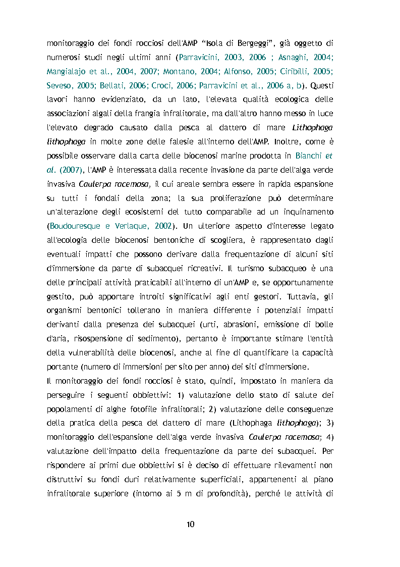 Anteprima della tesi: Il monitoraggio dell'Area Marina Protetta ''Isola di Bergeggi'': Point Intercept Transect e Quadrati visuali a confronto, Pagina 6