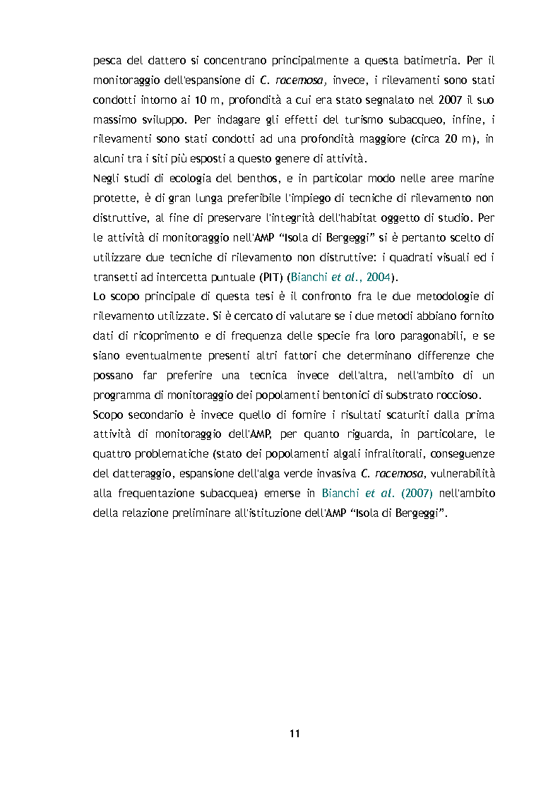 Anteprima della tesi: Il monitoraggio dell'Area Marina Protetta ''Isola di Bergeggi'': Point Intercept Transect e Quadrati visuali a confronto, Pagina 7
