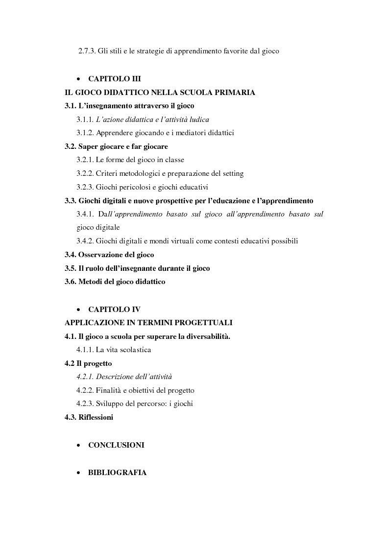 Indice della tesi: Forme e metodi del gioco didattico nella scuola primaria, Pagina 2
