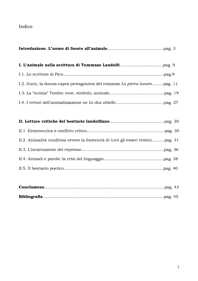 Indice della tesi: Il tema dell'animale nella letteratura di Tommaso Landolfi: ''La pietra lunare'' e ''Le due zittelle'', Pagina 1