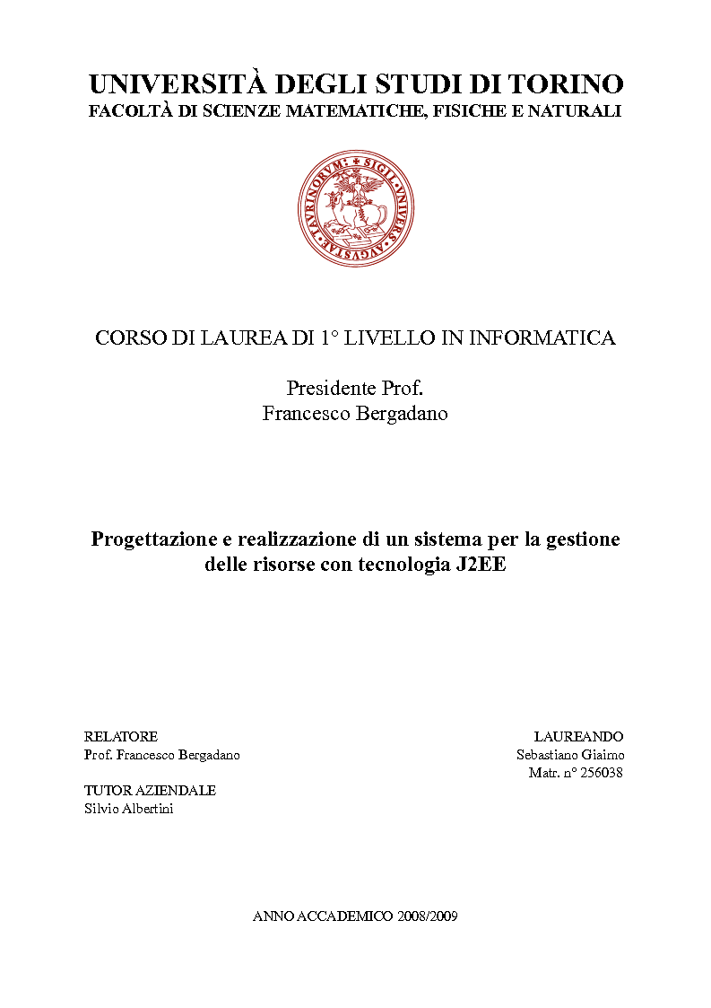 Anteprima della tesi: Progettazione e realizzazione di un sistema per la gestione delle risorse con tecnologia J2EE, Pagina 1
