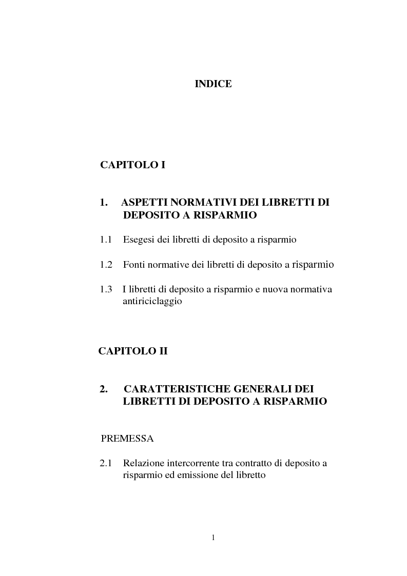 Indice della tesi: I libretti di deposito a risparmio, Pagina 1