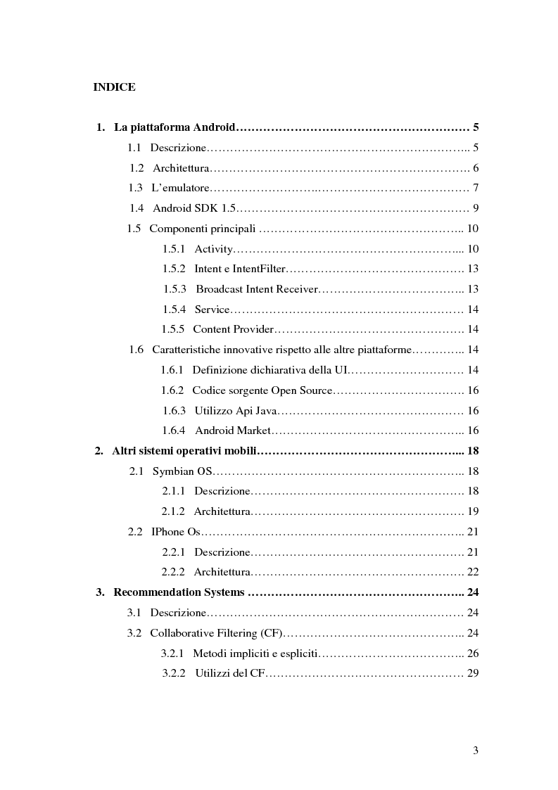Indice della tesi: Progettazione e sviluppo di un’applicazione di recommendation per dispositivi mobili tramite la piattaforma Android, Pagina 1