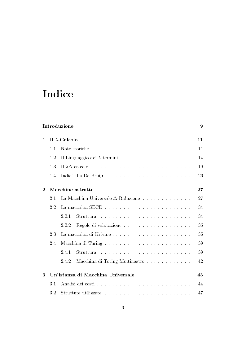 Indice della tesi: Una macchina di riduzione per il λ-calcolo con valutazione dei costi, Pagina 1
