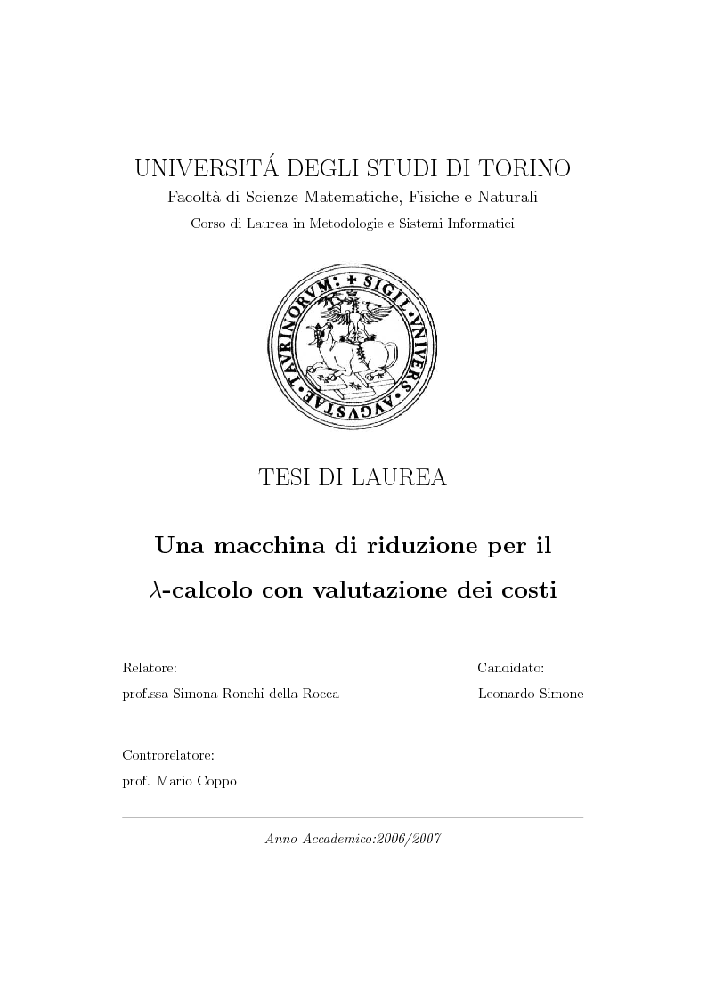Anteprima della tesi: Una macchina di riduzione per il λ-calcolo con valutazione dei costi, Pagina 1
