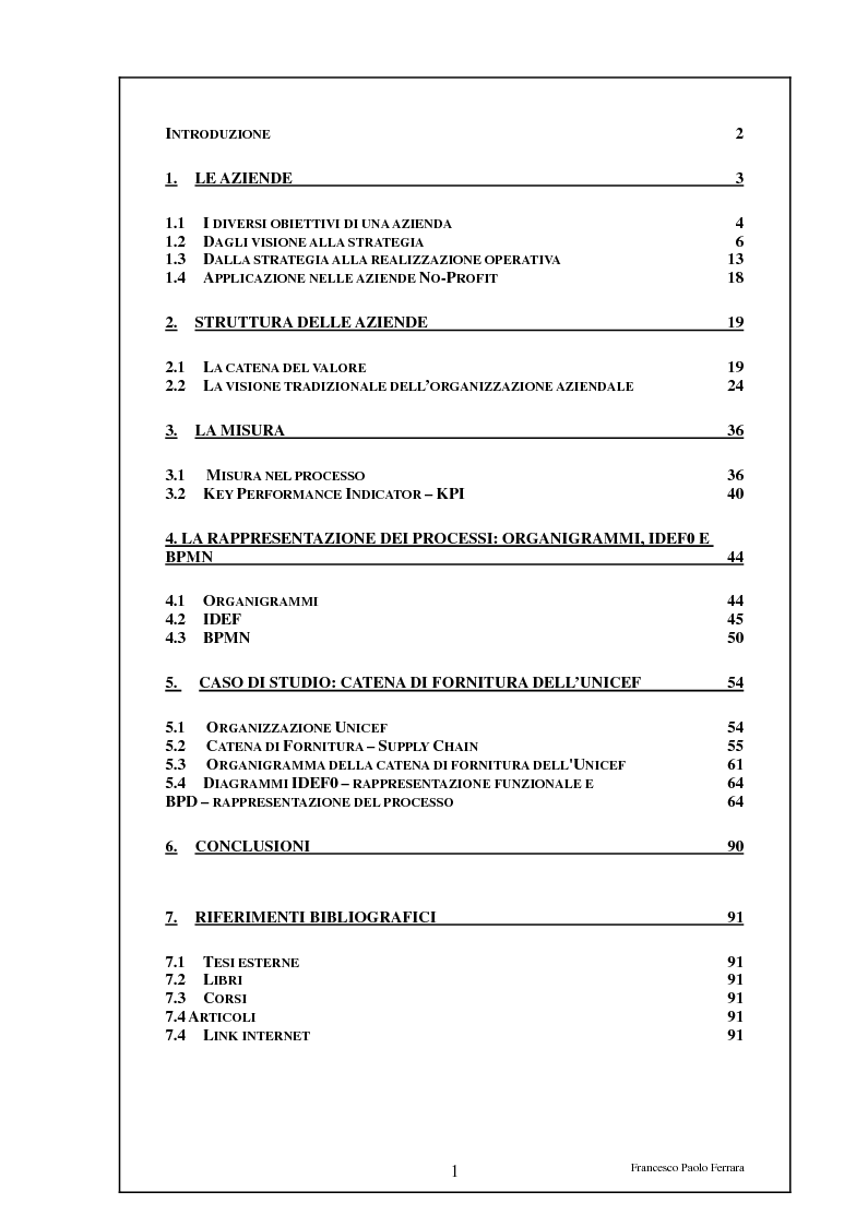 Indice della tesi: Il miglioramento continuo dei processi: un caso di studio (la catena di fornitura della UNICEF), Pagina 1