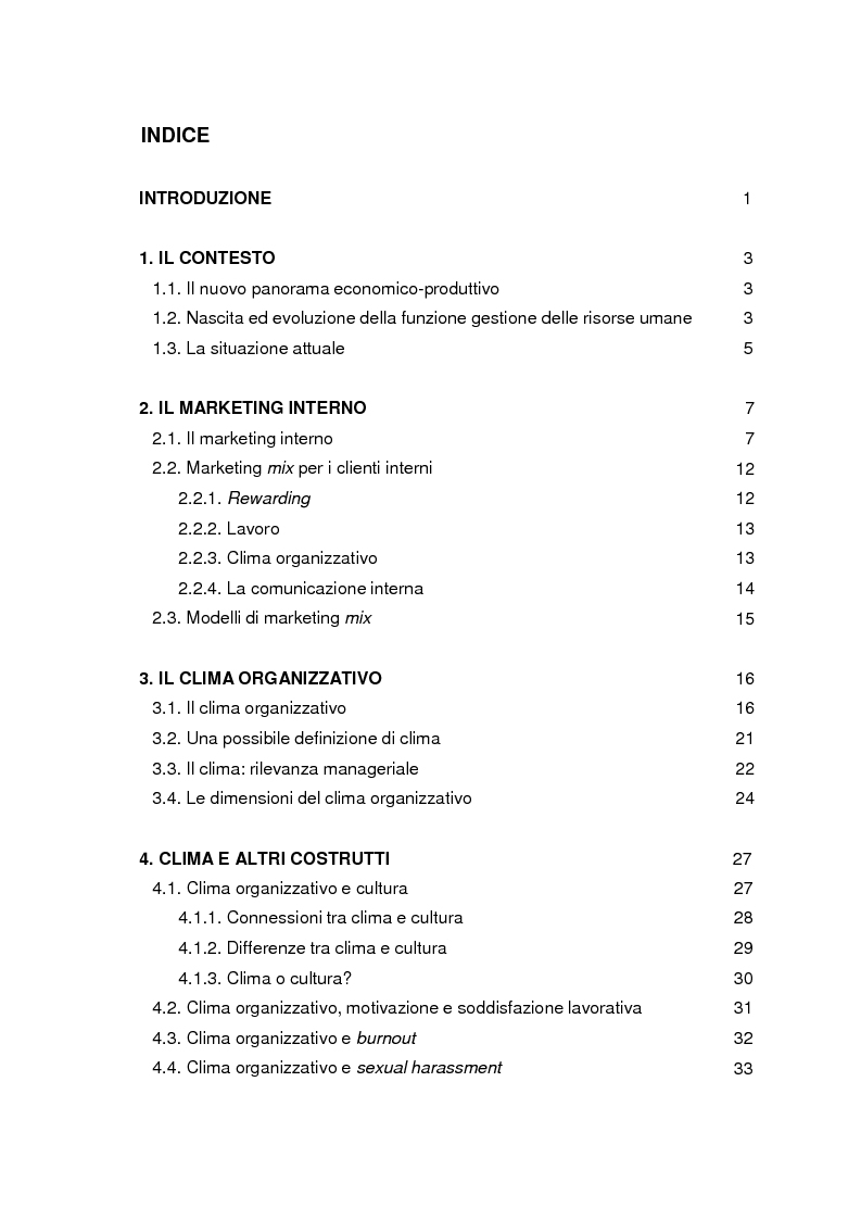 Indice della tesi: L'influenza del clima organizzativo sulle performance aziendali, Pagina 1