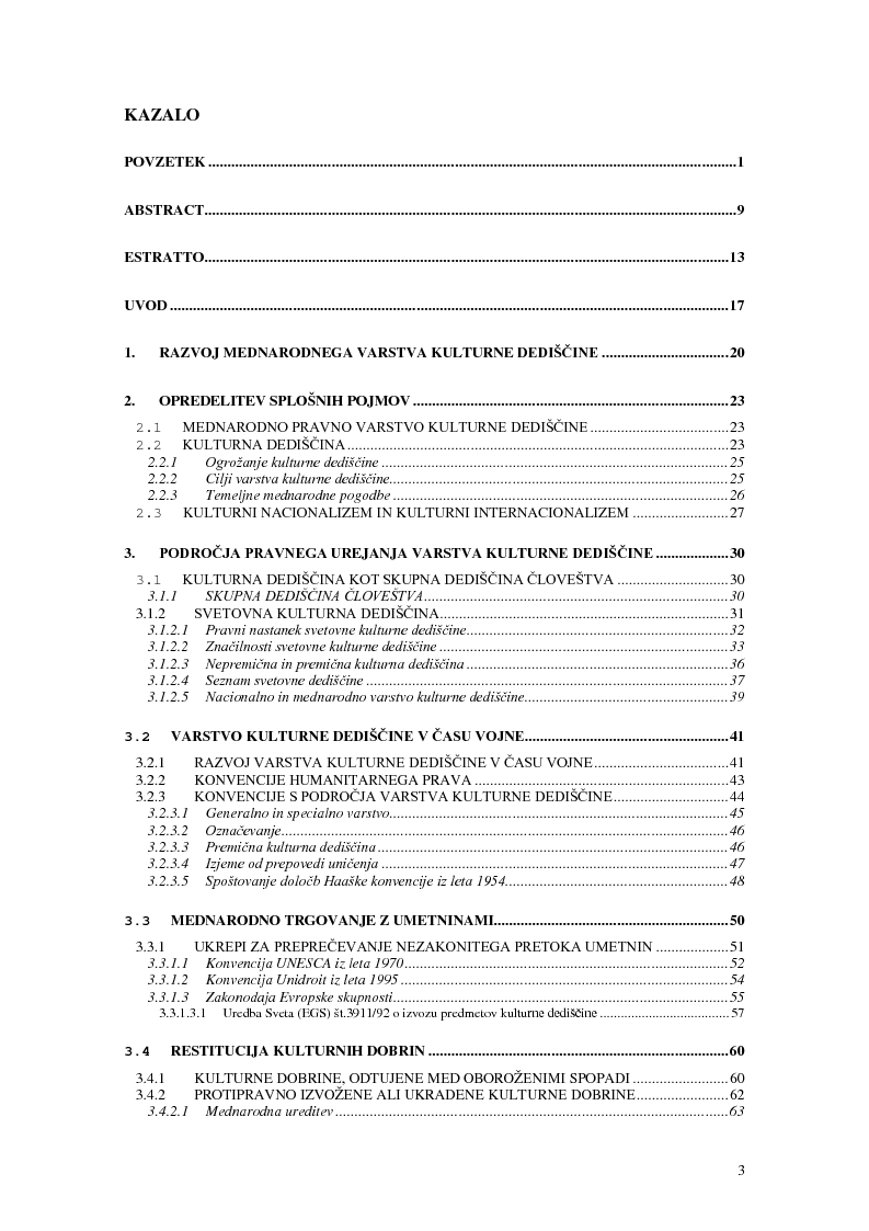 Indice della tesi: Mednarodno pravno varstvo kulturne dediščine, Pagina 1