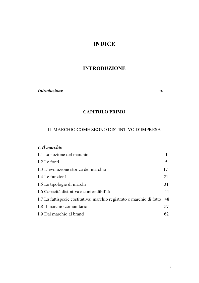 Indice della tesi: La contraffazione del marchio: effetti lesivi e tutela giuridica per una efficace strategia di contrasto, Pagina 1