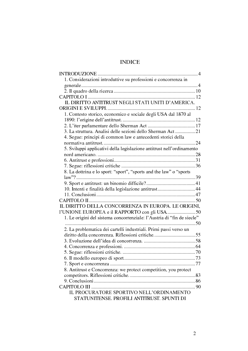 Indice della tesi: Antitrust e professioni: il procuratore sportivo, Pagina 1