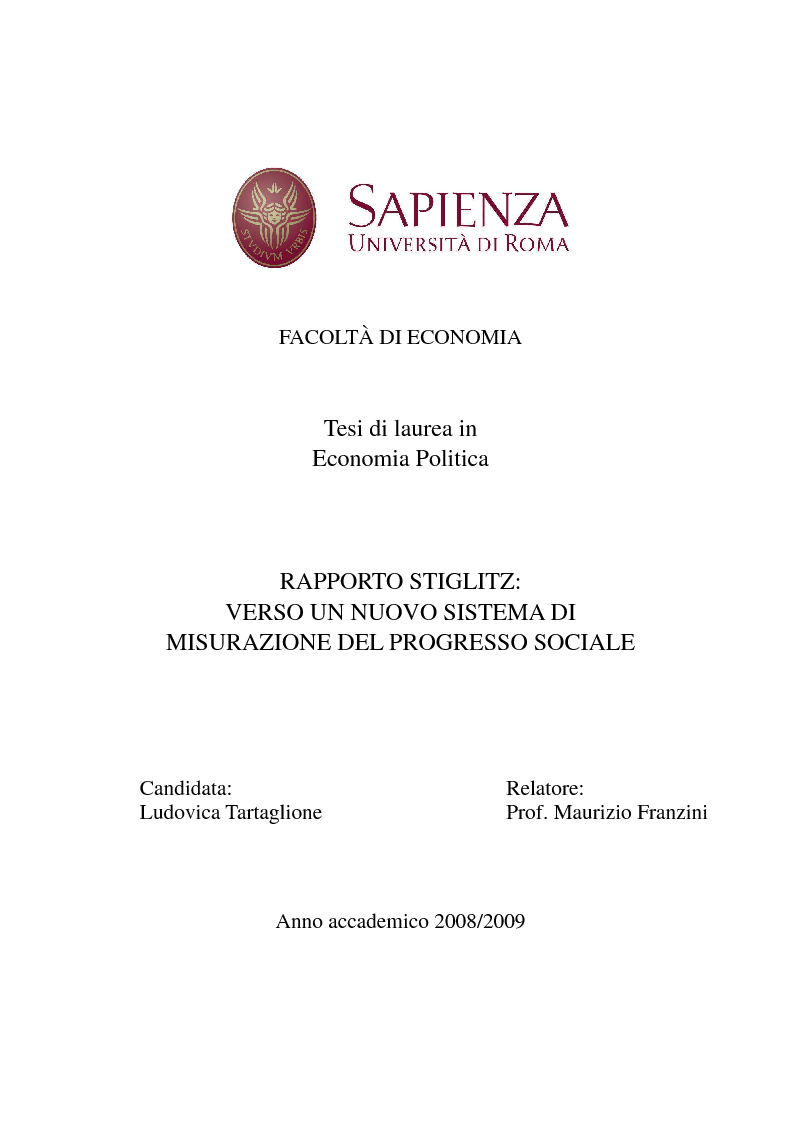 Anteprima della tesi: Rapporto Stiglitz: verso un nuovo sistema di misurazione del progresso sociale, Pagina 1