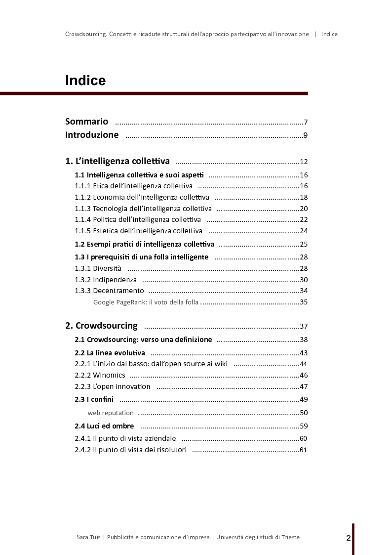 Indice della tesi: Crowdsourcing. Concetti e ricadute strutturali dell’approccio partecipativo all’innovazione, Pagina 1