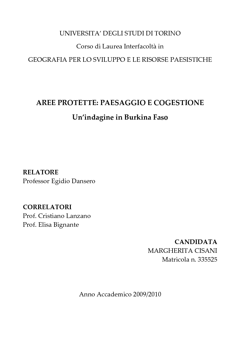 Anteprima della tesi: Aree protette: paesaggio e cogestione. Un'indagine in Burkina Faso., Pagina 1