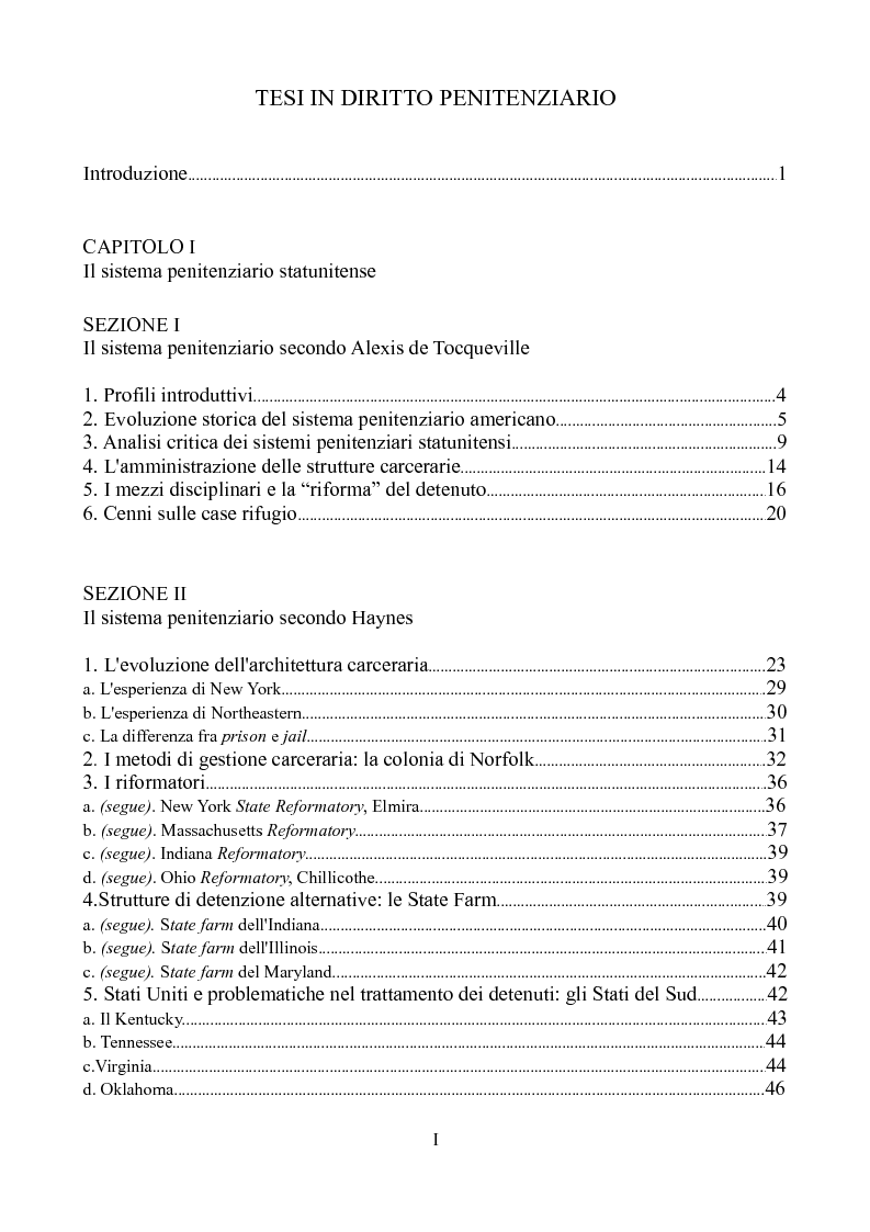 Indice della tesi: Il sistema penitenziario americano: evoluzione storica e prospettive future, Pagina 1