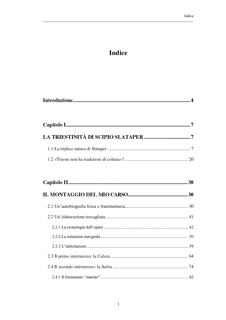 Indice della tesi: Strutture e stile del "Mio Carso" di Scipio Slataper, Pagina 1