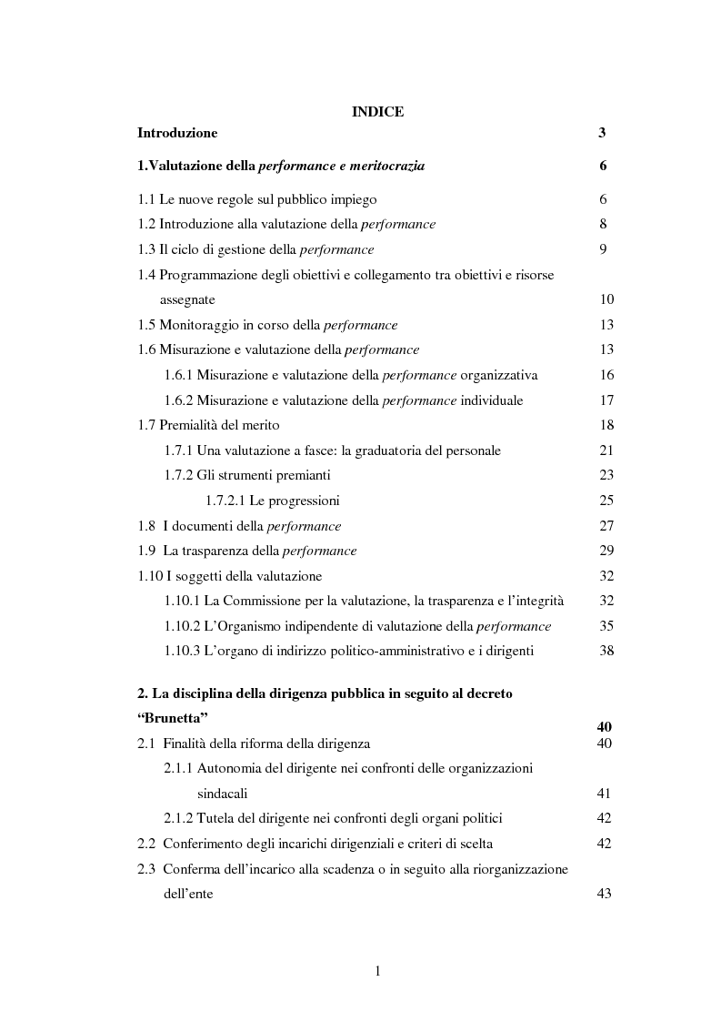 Indice della tesi: Il Sistema di valutazione della performance delle AA. PP. La riforma ''Brunetta'', Pagina 1