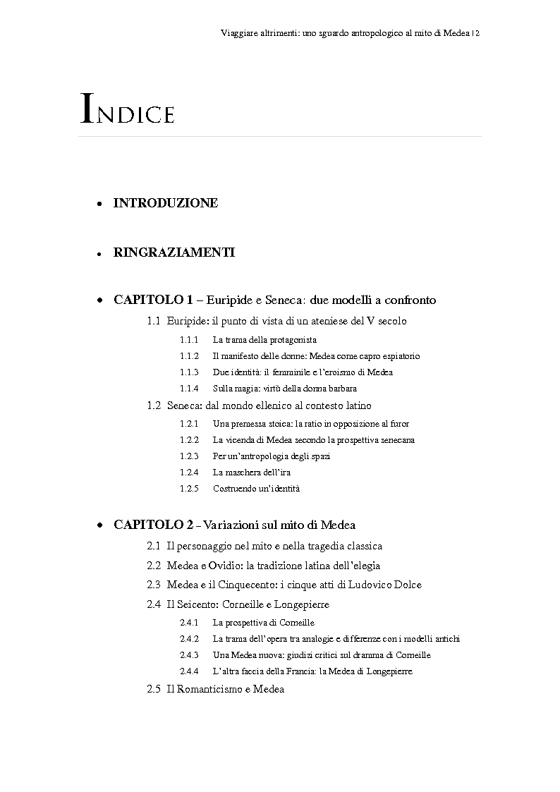 Indice della tesi: Viaggiare altrimenti: uno sguardo antropologico al mito di Medea, Pagina 1