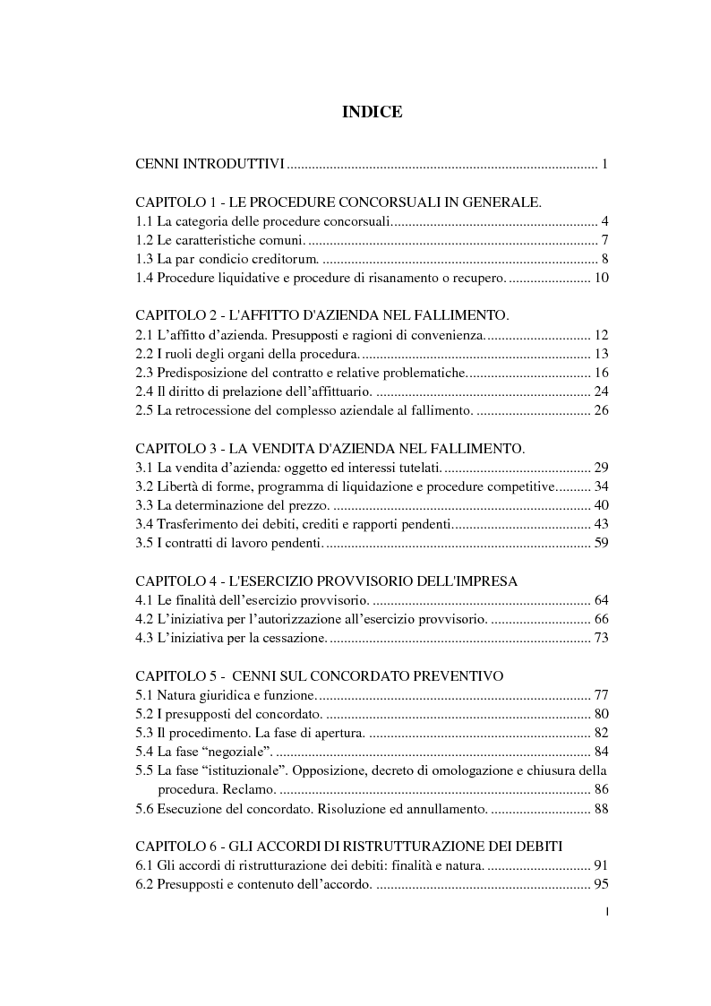 Indice della tesi: La sorte dell'impresa nel fallimento, Pagina 1