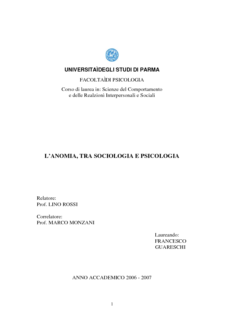 Anteprima della tesi: L'anomia, tra sociologia e psicologia, Pagina 1