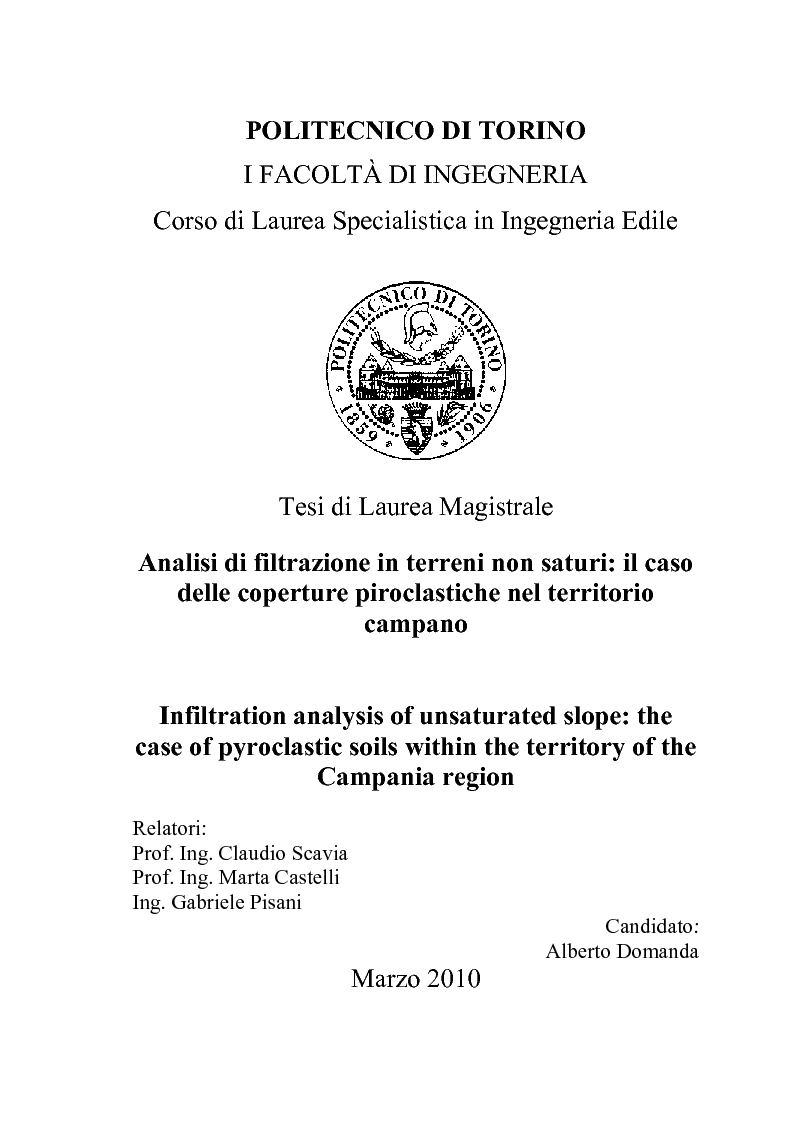 Anteprima della tesi: Analisi di filtrazione in terreni non saturi: il caso delle coperture piroclastiche nel territorio campano, Pagina 1