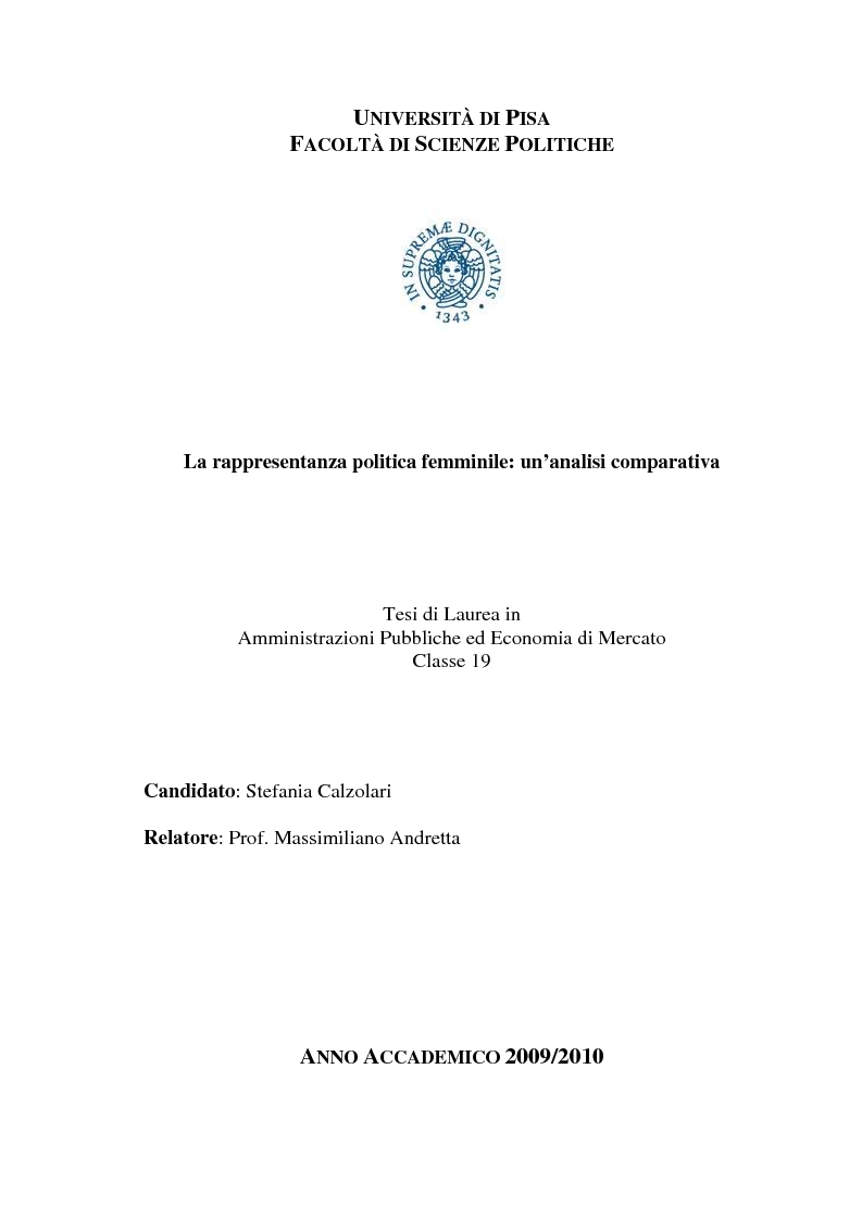 Anteprima della tesi: La rappresentanza politica femminile: un’analisi comparativa, Pagina 1