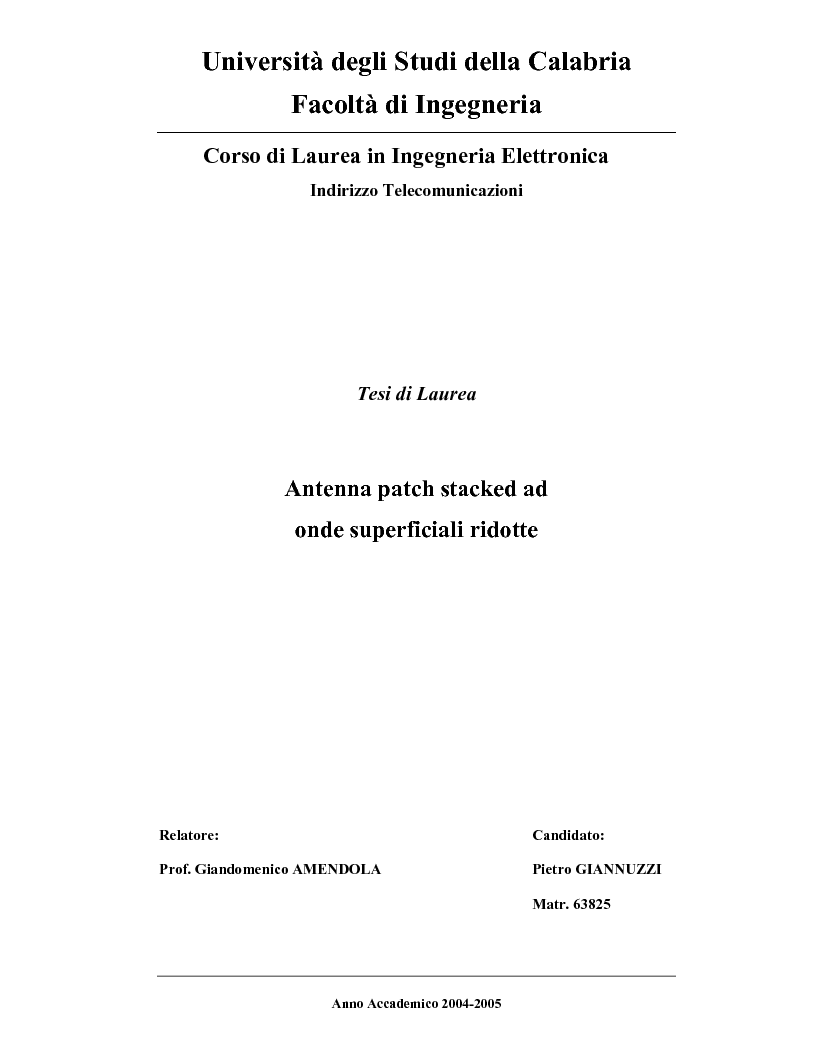 Anteprima della tesi: Antenna patch stacked ad onde superficiali ridotte, Pagina 1