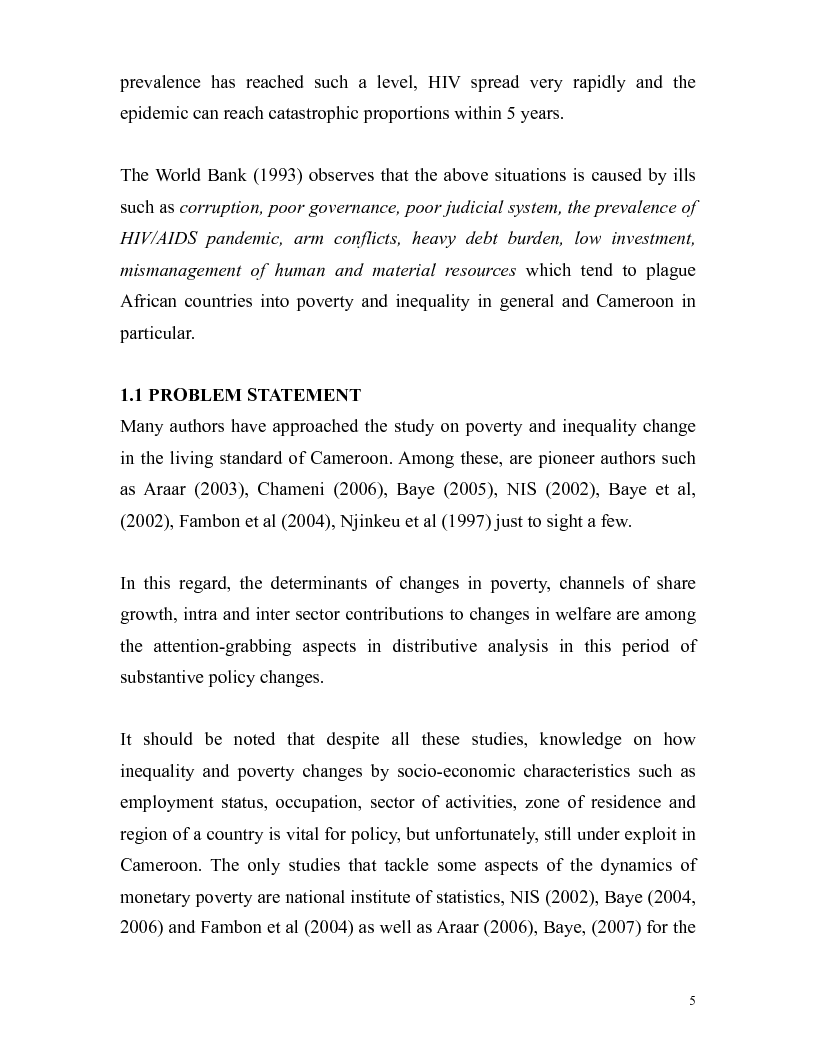 Anteprima della tesi: Inter-Temporal Decomposition of Poverty and Inequality in the Distibution of Living Standards in Cameroon, Pagina 7