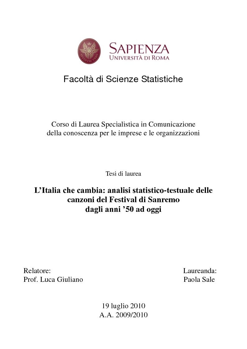 Anteprima della tesi: L'Italia che cambia: analisi statistico-testuale delle canzoni del Festival di Sanremo dagli anni '50 ad oggi, Pagina 1