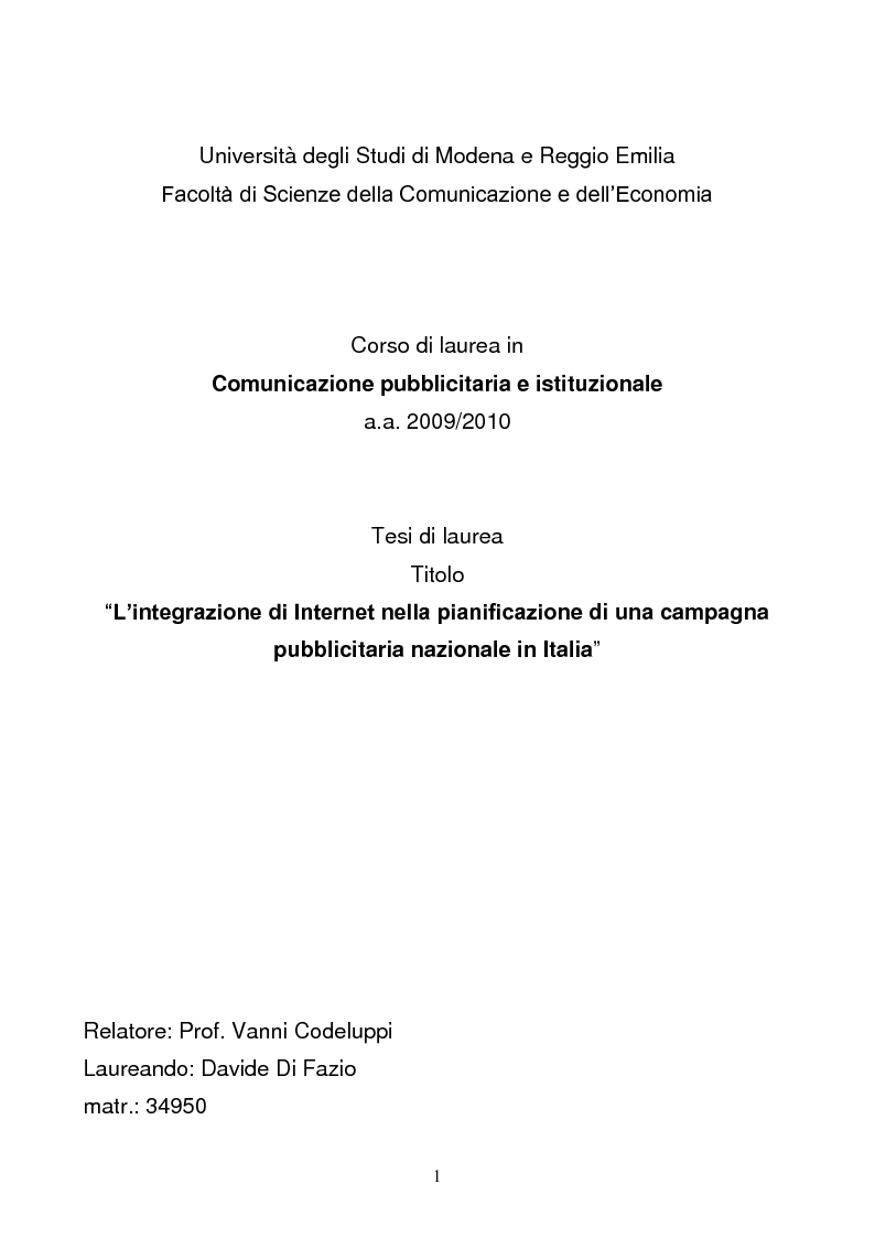 Anteprima della tesi: L'integrazione di Internet nella pianificazione di una campagna pubblicitaria nazionale in Italia. Il caso MINI, Pagina 1