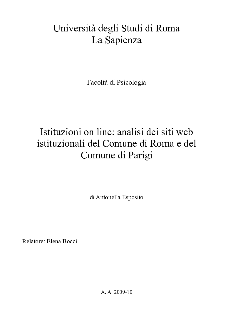 Anteprima della tesi: Istituzioni on line: analisi dei siti web istituzionali del Comune di Roma e del Comune di Parigi, Pagina 1