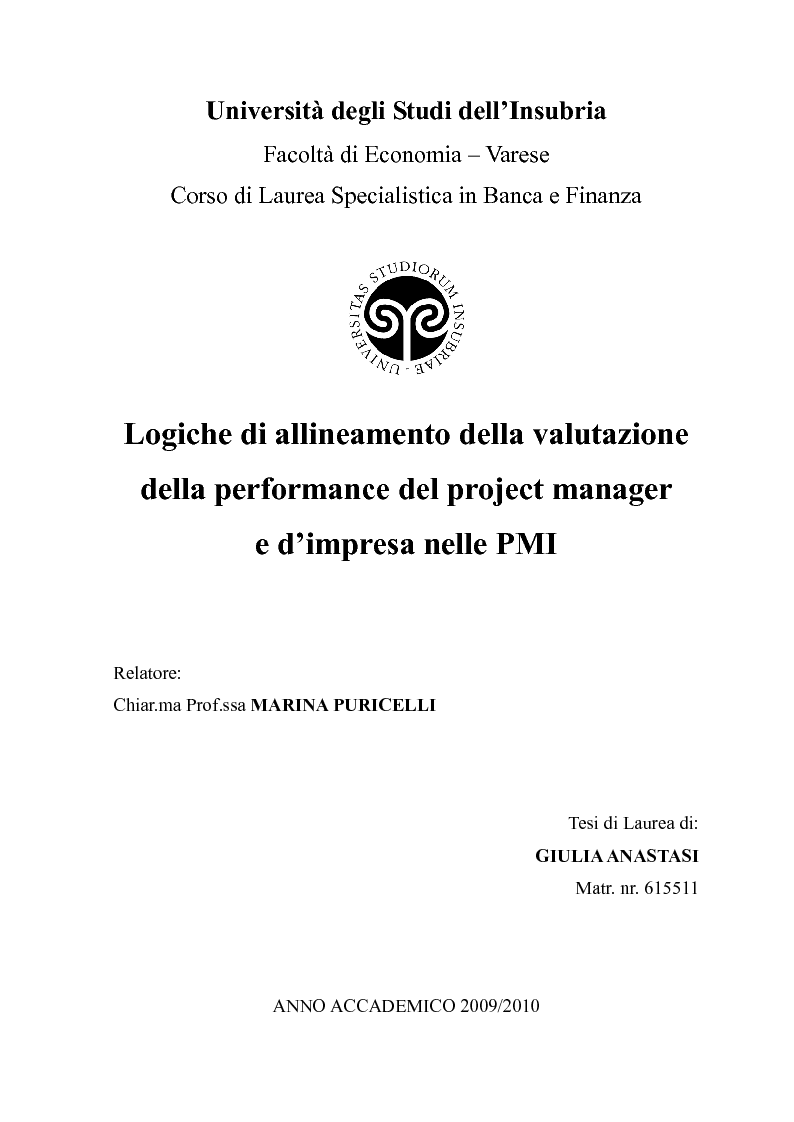 Anteprima della tesi: Logiche di allineamento della valutazione della performance del project manager e d'impresa nelle PMI, Pagina 1