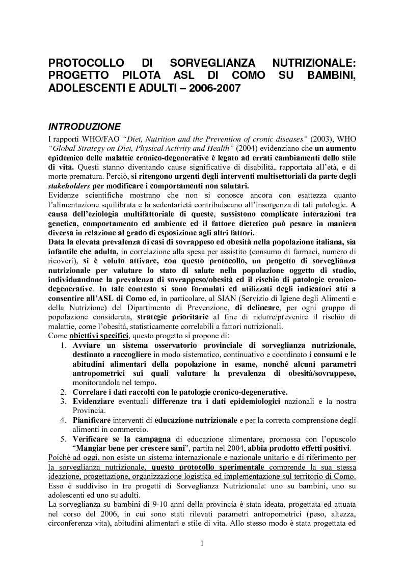 Anteprima della tesi: Protocollo di sorveglianza nutrizionale: Progetto pilota ASL di Como su bambini, adolescenti e adulti - 2006-2007, Pagina 4